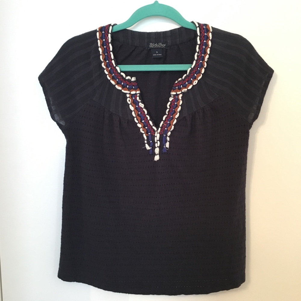 Lucky Brand Navy Embroidered Short Sleeve Top